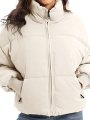 Padded bomber jacket in cream with ribbed cuffs and a high collar.