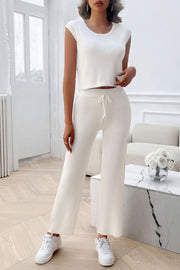 White ribbed knit cropped top and wide-leg lounge pants with drawstring waist