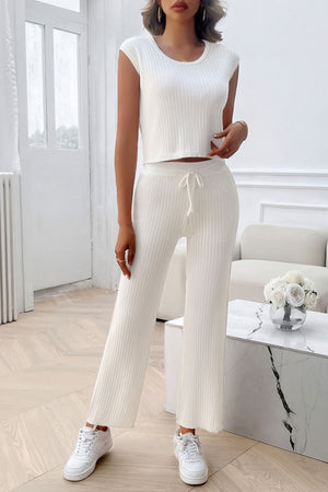 White ribbed knit cropped top and wide-leg lounge pants with drawstring waist