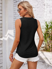 Black eyelet button-down sleeveless top with a textured pattern.