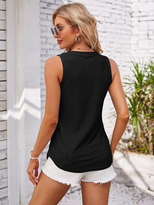 Black eyelet button-down sleeveless top with a textured pattern.