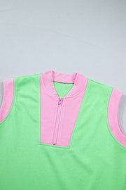 Color Block Half Zip Top & Shorts Set in Neon Green, model styling view
