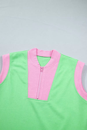Color Block Half Zip Top & Shorts Set in Neon Green, model styling view