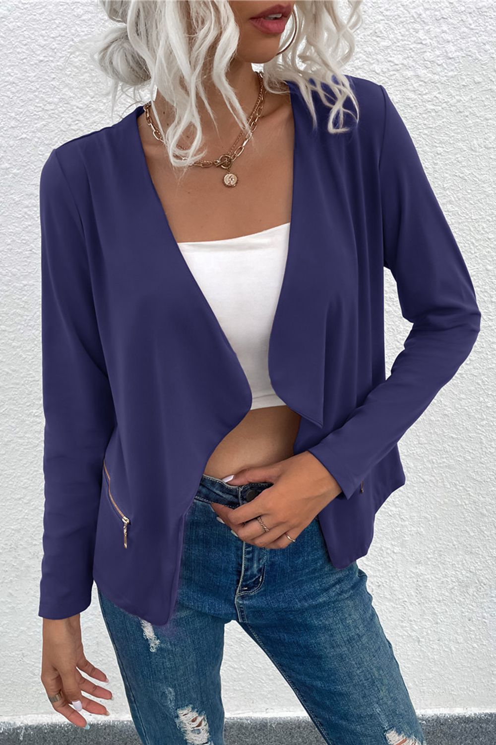 Dark blue drape front jacket with zip detail and open neckline.