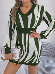 Army green and white zebra stripe knit fit-and-flare dress with V-neck and cinched waist.