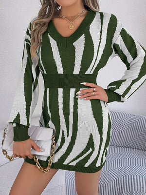 Army green and white zebra stripe knit fit-and-flare dress with V-neck and cinched waist.