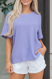 Relaxed V-neck waffle knit t-shirt in Blue Purple with cuffed short sleeves.