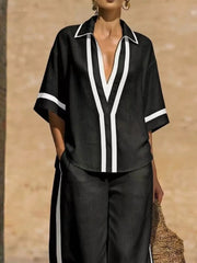 Contrast Trim Two-piece Top And Pants Set Plus Size, model styling view