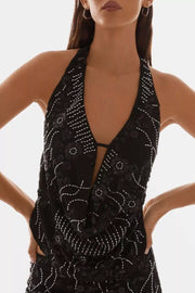 Bead-embellished Backless Halter Tank