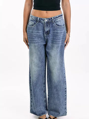 Women's blue denim wide-leg jeans with functional pockets and a buttoned fly.