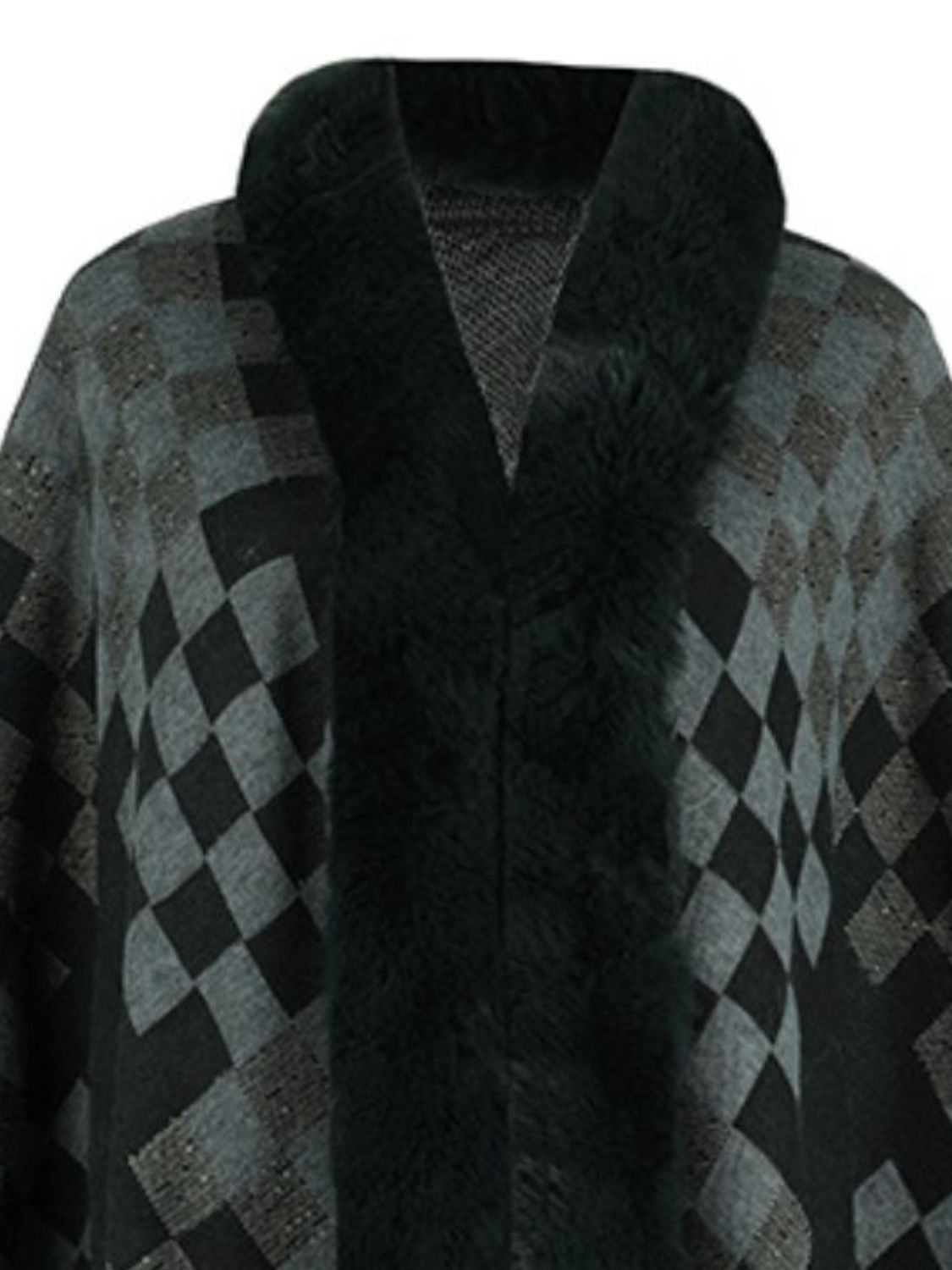 Checkered cape in black and grey with faux fur trim and a V-neckline.