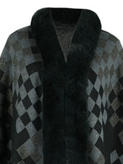 Checkered cape in black and grey with faux fur trim and a V-neckline.