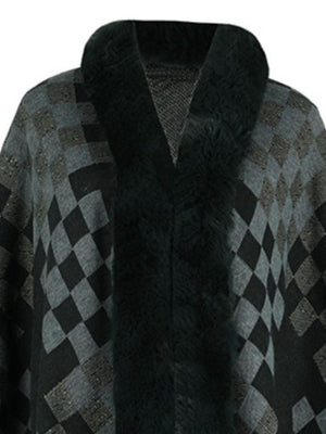 Checkered cape in black and grey with faux fur trim and a V-neckline.