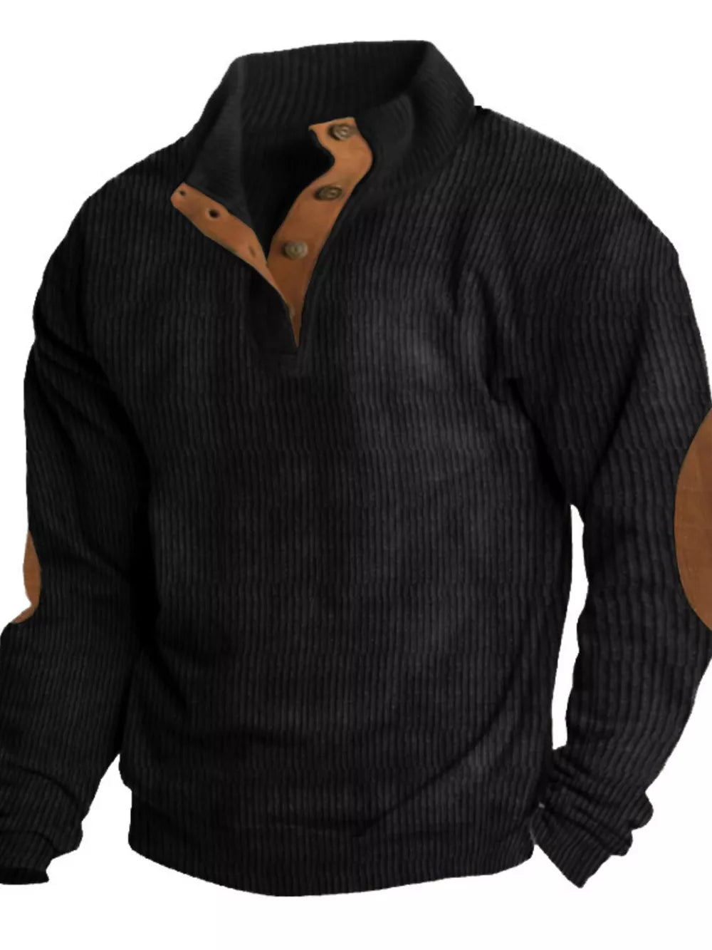 Black corduroy long sleeve overshirt with button detail and suede elbow patches.