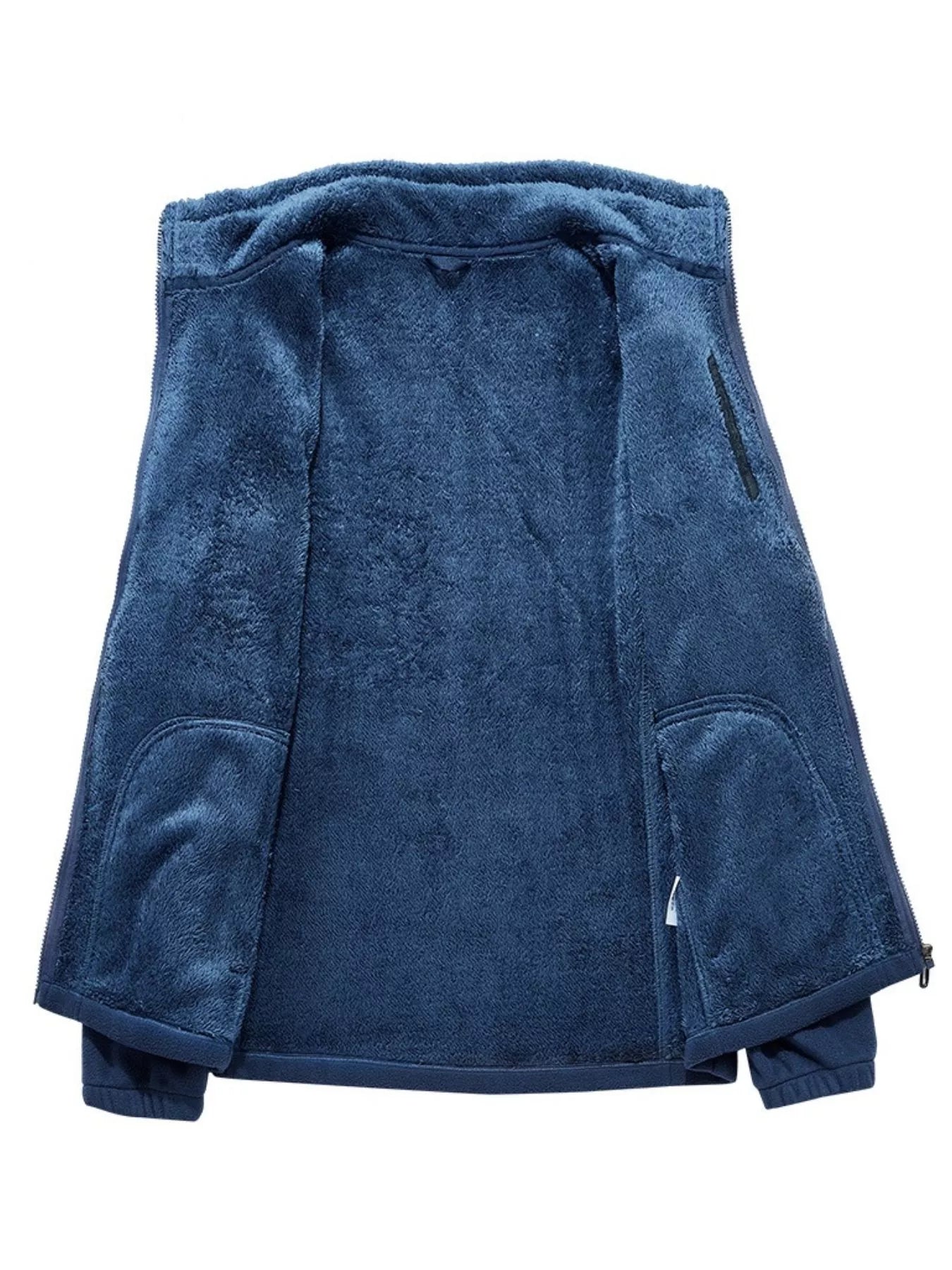 Dark blue fleece lined full zip jacket with pockets, open view