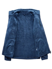 Dark blue fleece lined full zip jacket with pockets, open view