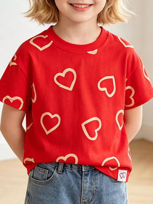 Heart-embellished cotton t-shirt for kids, basic style.