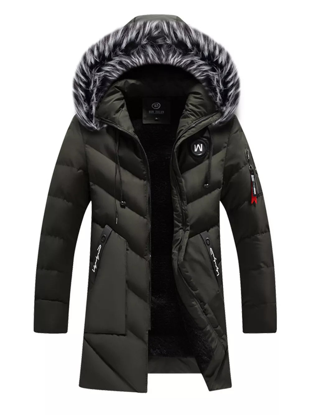 Men's longline padded coat in green with faux fur hood trim and fleece lining.