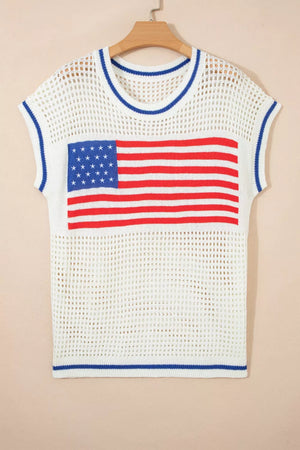 White knit cap sleeve sweater with American flag detail and blue trim
