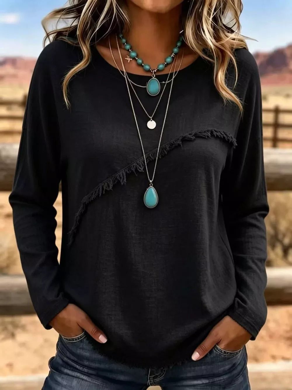 Full Size Fringe Detail Long Sleeve T-shirt Plus Size in Orange, side view