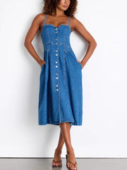 Button-front midi denim dress with pockets and a-line cut