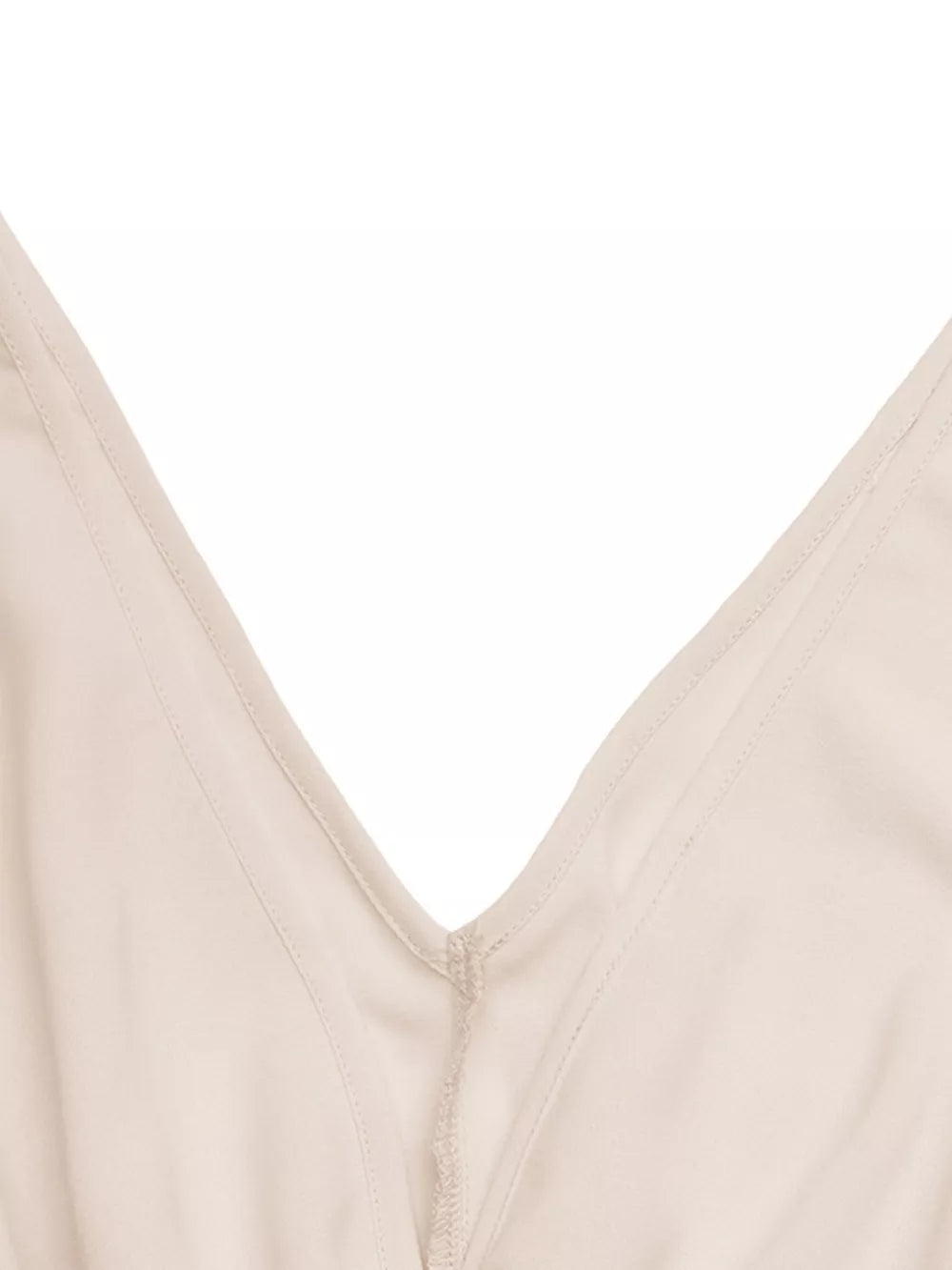 Apricot V-neck midi dress with subtle pleating detail.