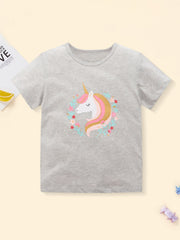 Grey cotton toddler t-shirt with a unicorn graphic in a floral wreath.