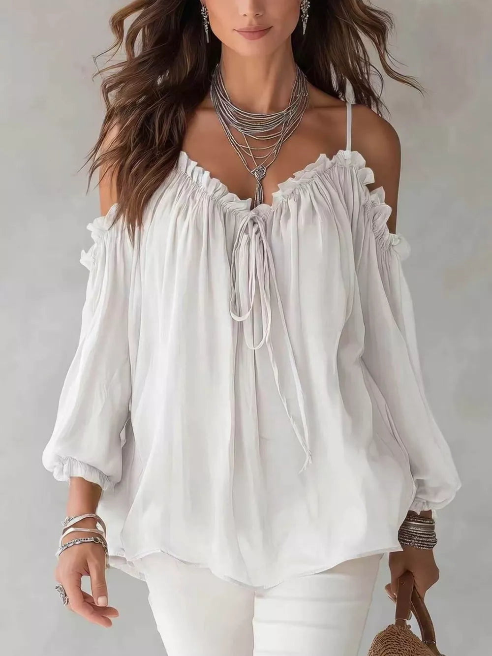 Frill Spaghetti Strap Tie Front Blouse in White, fabric detail