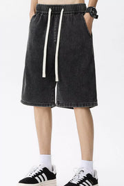 Black gray denim shorts for him with drawstring and elastic waist.