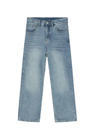 Light blue denim jeans with a wide-leg cut and a faded wash.