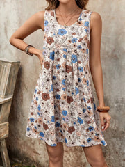 Floral A-line mini dress with a scoop neck and sleeveless design.