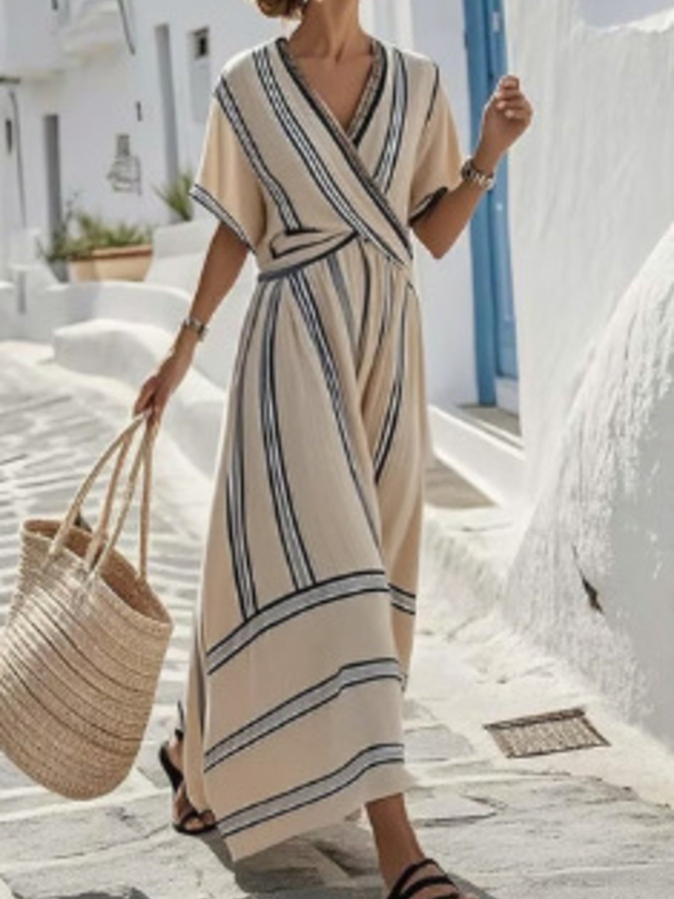 Striped Short Sleeve Wrap Maxi Dress Plus Size in White, close-up detail