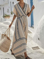 Striped Short Sleeve Wrap Maxi Dress Plus Size in White, close-up detail