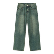 Wide-leg denim trousers in a faded green wash with a relaxed fit.