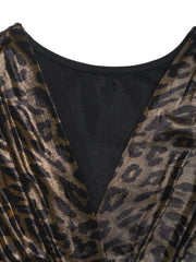 Ruched slit long-sleeve dress in black with a metallic leopard print.