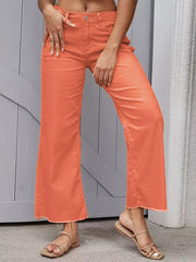 Frayed Hem Wide-leg Jeans With Pockets