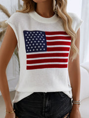 White knit vest with American flag graphic, crew neck, sleeveless, casual style