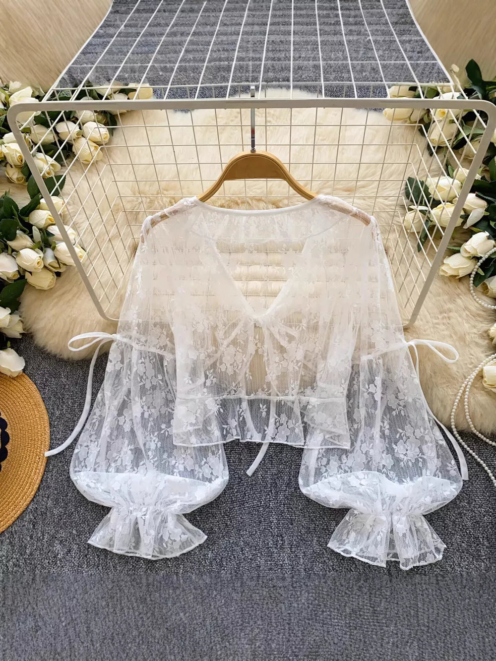 Sheer Lace Tie Front Flounce Sleeve Top in White, front view