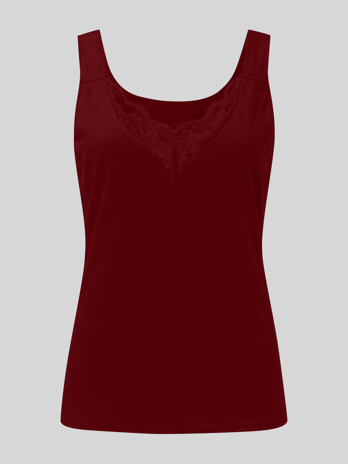 Burgundy ribbed tank top with lace V-neck inset and wide straps.