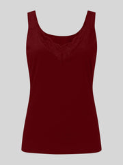 Burgundy ribbed tank top with lace V-neck inset and wide straps.
