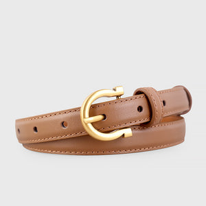 Brown cowhide leather belt with gold buckle and stitched detail