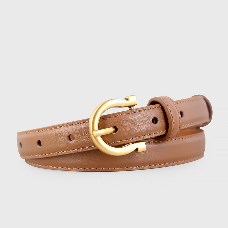 Brown cowhide leather belt with gold buckle and stitched detail