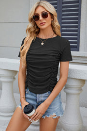 Black eyelet tee with short sleeves and ruched front detail