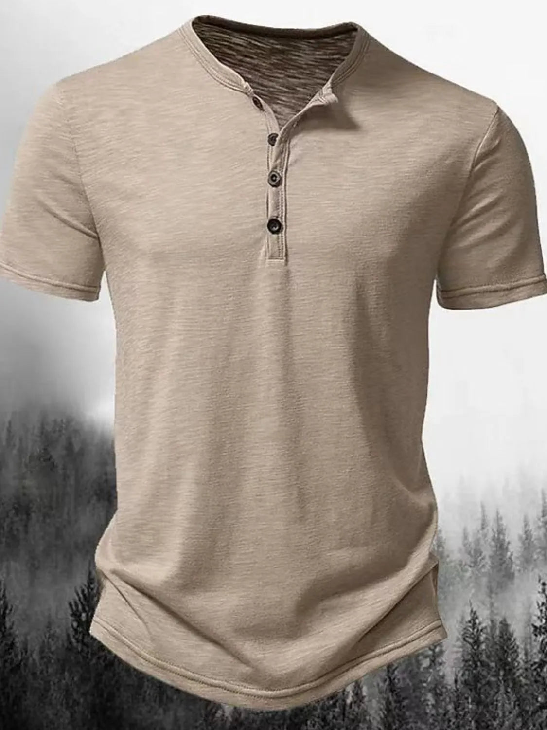 Khaki textured short sleeve henley tee with button placket.
