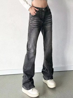 Men's black high-waisted straight leg jeans with button closure and faded detail.