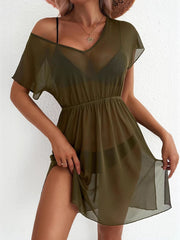 Green sheer mini dress with V-neck, short sleeves, elastic waist, and high slit.