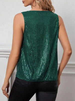 Dark green sequin tank top with a drape neckline, shown from the back.