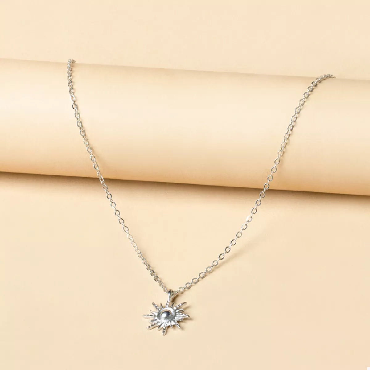 Silver sunburst pendant necklace with delicate chain, 18K gold-plated boho style jewelry