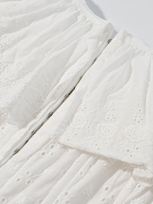 White eyelet tank top with ruffle trim and corset detail