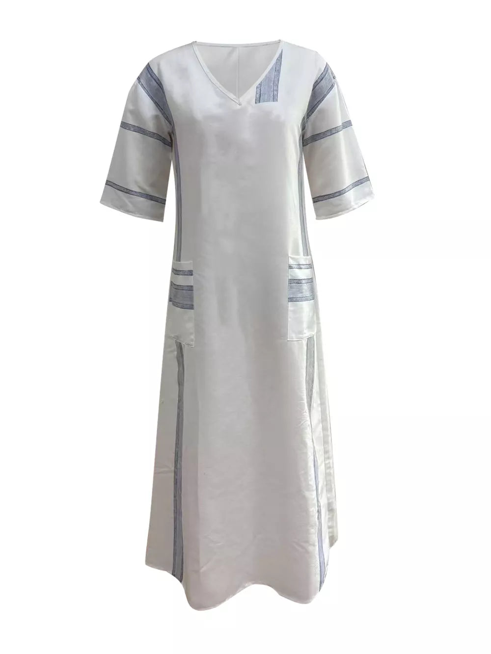 White maxi dress with blue stripes, V-neck, short sleeves, and pockets.
